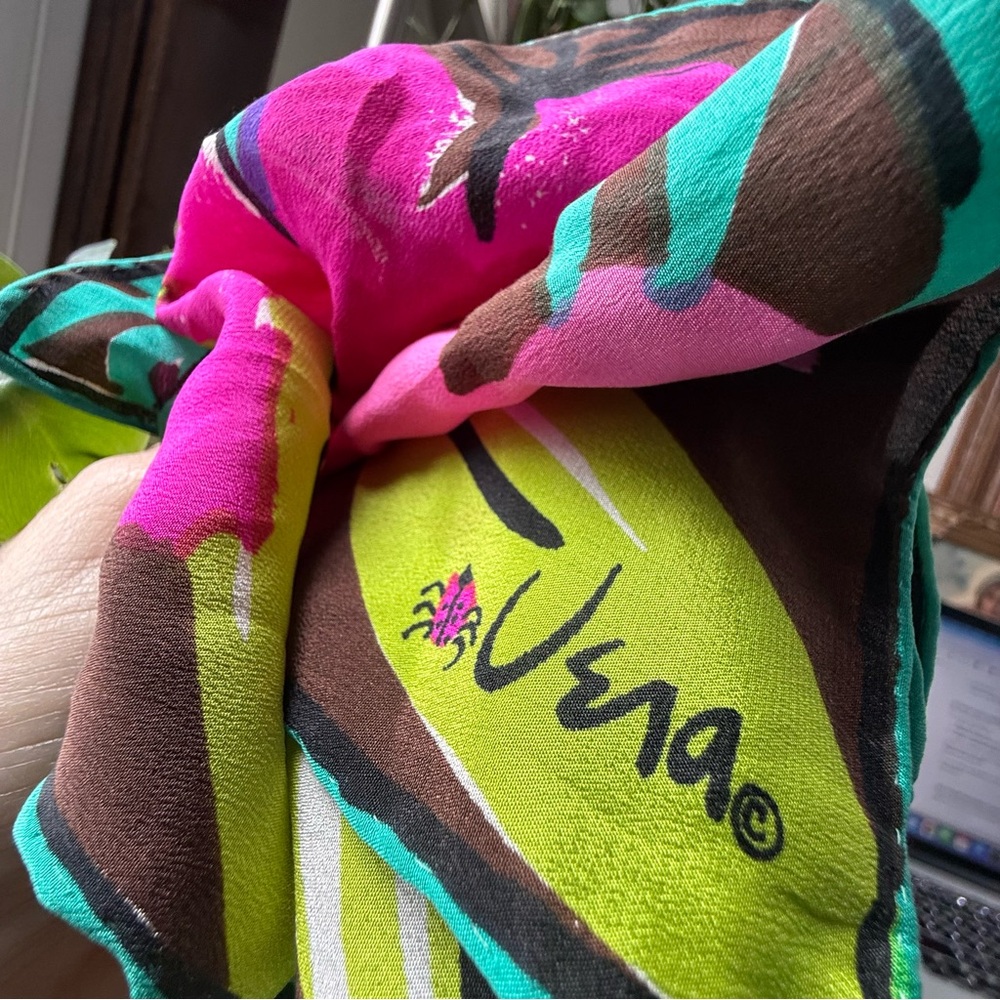 Vintage Vera Neumann Floral Scarf Pink Green Brown Hand Rolled Ladybug Logo - Picture 10 of 13